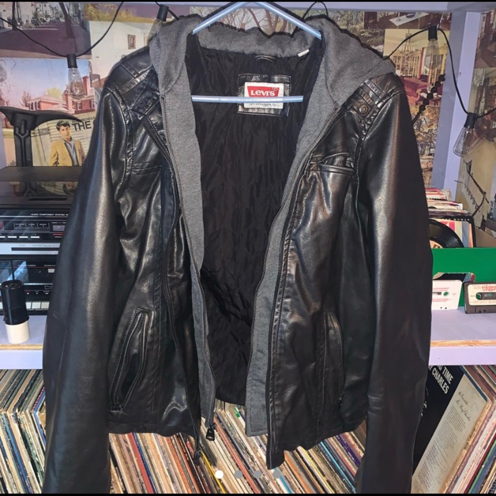 Levi double-layered leather jacket with hood